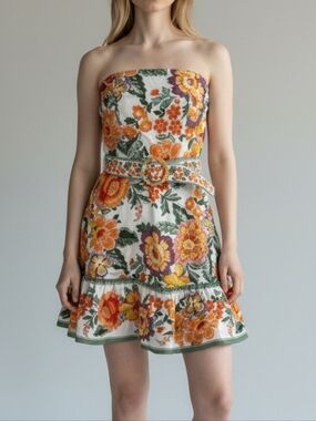 New Joie A-Line Strapless Cotton Dress In Floral Combo Size 16